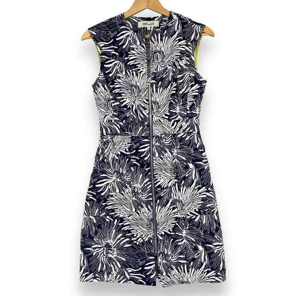 Diane Von Furstenburg‎ Dress 4 Black Sheath Flower Print Fitted Bodycon Full Zip - Picture 1 of 12